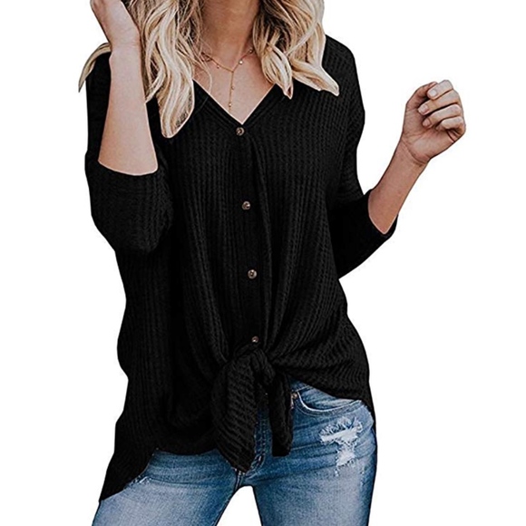 Tops - Womens Waffle Knit Tunic Blouse Tie Knot Henley To